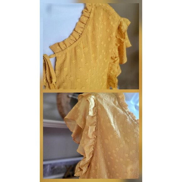 MISA Revolve Dress LILIAN Mini Yellow Safron Polka Dot Textured Ruffle L - Picture 7 of 9
